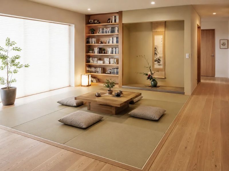 phòng khách Nhật Bản chiếu Tatami lớn sàn gỗ sồi bàn trà gỗ thấp đệm ngồi xám kệ sách gỗ âm tường cây xanh lớn ánh sáng tự nhiên