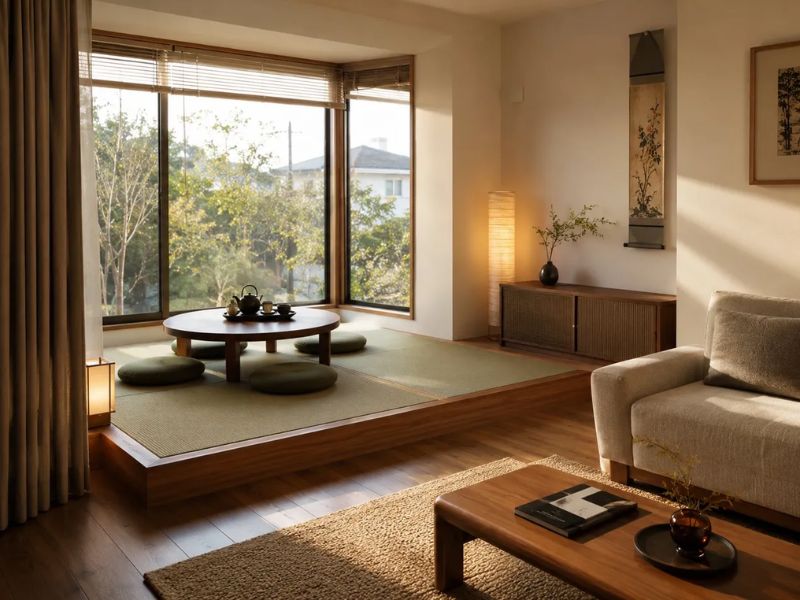 phòng khách Nhật Bản chiếu Tatami nâng bậc gỗ óc chó bàn trà tròn thấp đệm ngồi tròn xanh rêu sofa vải be kệ gỗ thấp đèn lồng cửa sổ góc