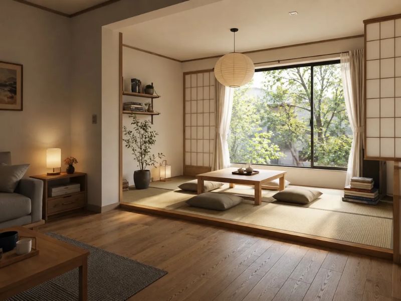 phòng khách Nhật Bản chiếu Tatami nâng cao sàn gỗ bàn trà gỗ thấp đệm ngồi xám cửa sổ lớn cây xanh đèn lồng giấy cửa trượt Shoji