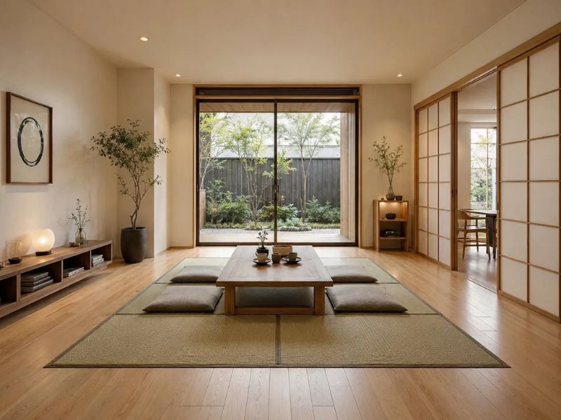 phòng khách Nhật Bản chiếu Tatami ô vuông trung tâm sàn gỗ bao quanh bàn trà gỗ thấp đệm ngồi xám cửa kính lớn sân vườn cửa trượt Shoji