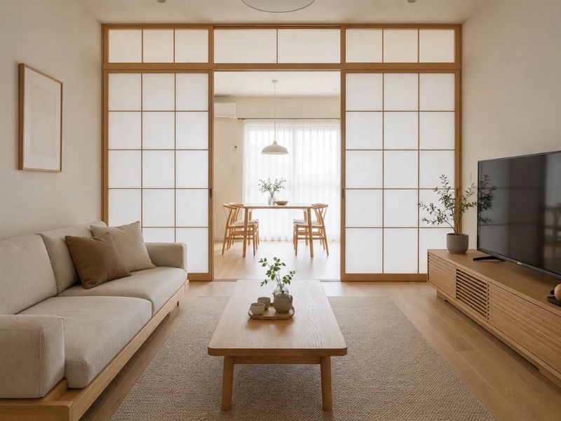 phòng khách Nhật Bản cửa trượt Shoji gỗ sồi giấy mờ ngăn phòng ăn sofa vải be thấp bàn trà gỗ thấp kệ tivi gỗ sồi cây xanh sàn gỗ sáng