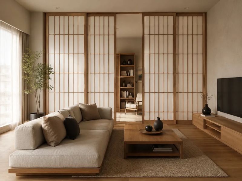 phòng khách Nhật Bản cửa trượt Shoji gỗ giấy mờ ngăn phòng đọc sofa vải be bàn trà gỗ sồi kệ tivi gỗ cây trúc cao ánh sáng tự nhiên