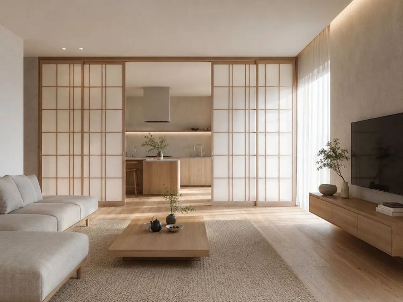 phòng khách Nhật Bản cửa trượt Shoji gỗ sồi ngăn bếp sofa vải trắng thấp bàn trà gỗ thấp kệ tivi gỗ sồi cây xanh rèm trắng ánh sáng tự nhiên