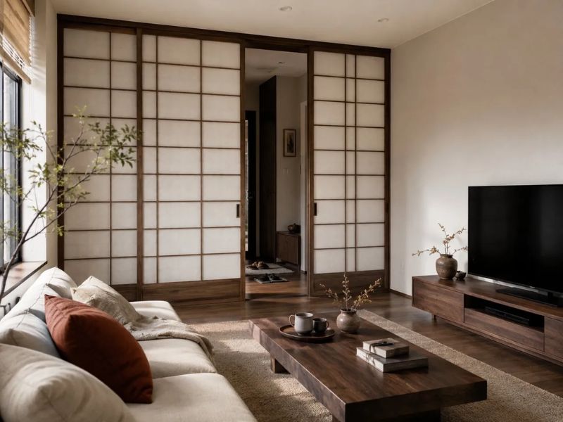 phòng khách Nhật Bản cửa trượt Shoji khung gỗ óc chó tối giấy mờ sofa vải trắng bàn trà gỗ tối thấp kệ tivi gỗ óc chó cây khô trang trí