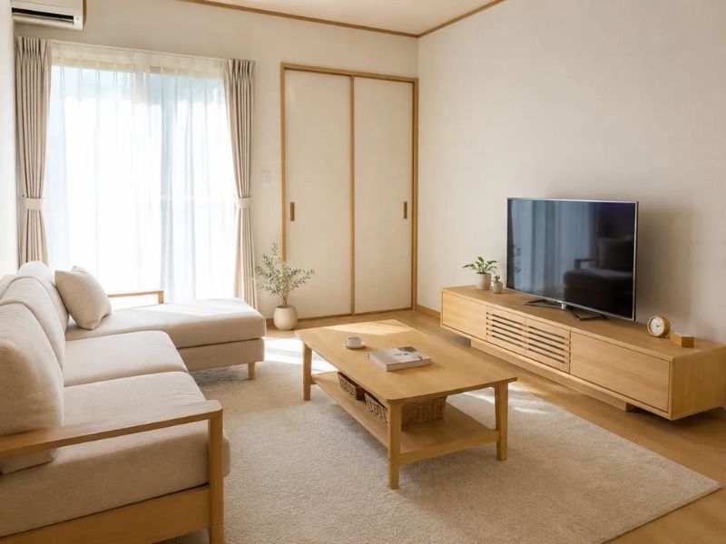phòng khách Nhật Bản nhỏ sofa góc gỗ vải be bàn trà gỗ có kệ dưới kệ tivi gỗ sồi cửa trượt gỗ tường trắng cây xanh nhỏ