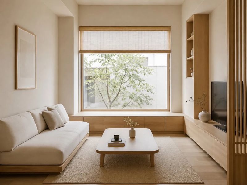 phòng khách Nhật Bản nhỏ sofa trắng thấp bàn trà gỗ nhỏ kệ tivi gỗ âm tường kệ mở gỗ cửa sổ lớn nhìn ra cây xanh rèm tre