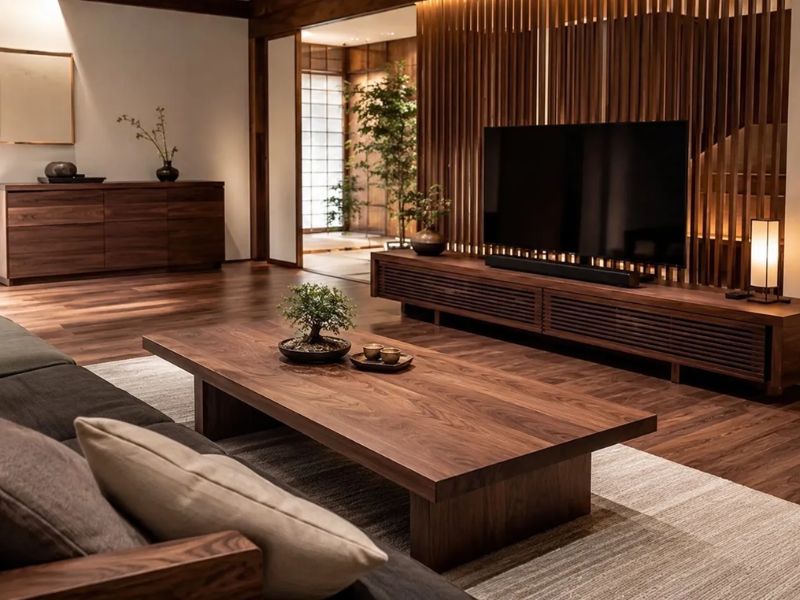 phòng khách Nhật Bản nội thất gỗ óc chó tự nhiên bàn trà gỗ tối thấp vách lam gỗ kệ tivi gỗ sofa xám bonsai đèn giấy Tatami sân vườn