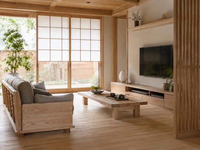 phòng khách Nhật Bản nội thất gỗ tự nhiên sáng sofa gỗ khung gỗ sồi bàn trà gỗ thấp kệ tivi gỗ cột gỗ vách lam cửa sổ Shoji sân vườn cây xanh