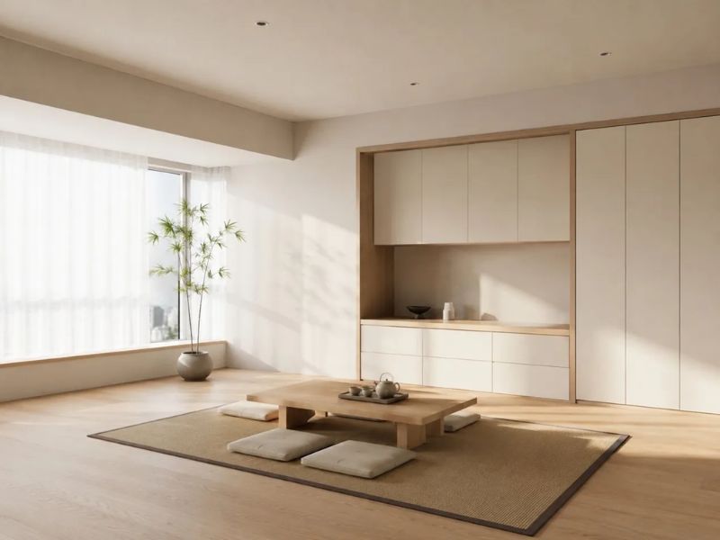 phòng khách Nhật Bản tối giản ánh sáng tự nhiên cửa sổ rèm trắng mỏng bàn trà gỗ thấp đệm ngồi tủ âm tường cây trúc sàn gỗ sáng