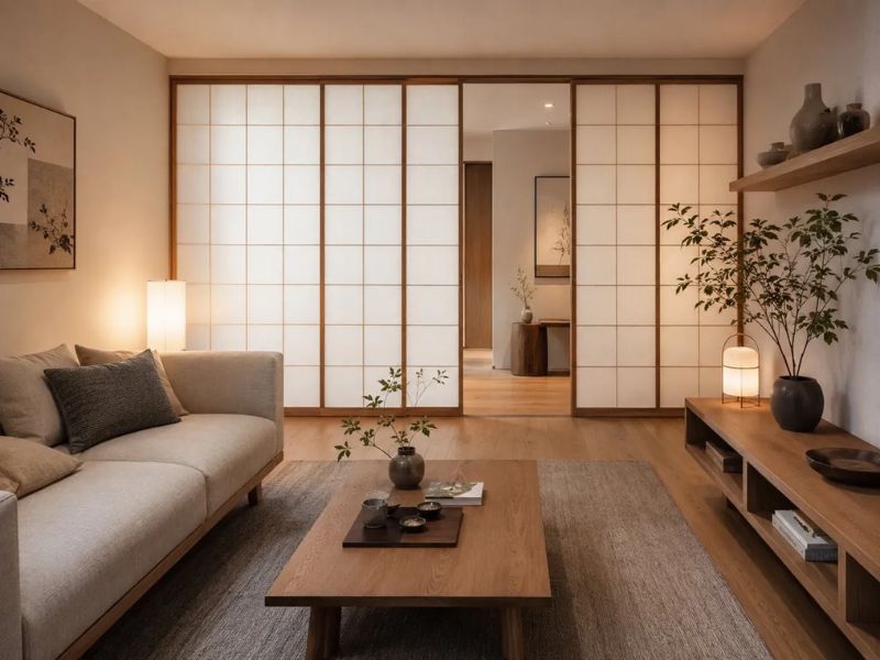 phòng khách Nhật Bản tối giản cửa trượt Shoji giấy trắng khung gỗ sofa vải be bàn trà gỗ kệ tivi thấp đèn sàn cây xanh