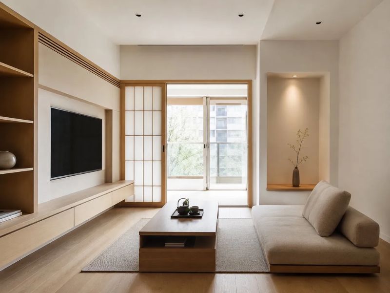 phòng khách Nhật Bản tối giản thuần túy hệ tủ gỗ âm tường kệ mở bàn trà thấp có ngăn sofa be thấp cửa trượt Shoji ban công xanh