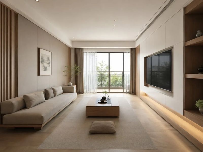 phòng khách Nhật Bản tối giản thuần túy sofa thấp be dài vách lam gỗ kệ tivi âm tường đèn LED ẩn bàn trà gỗ thấp đệm ngồi be