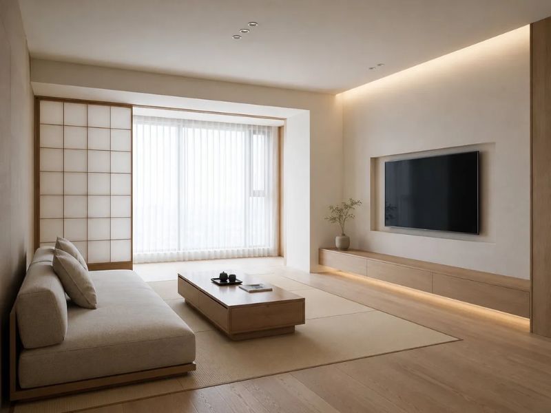 phòng khách Nhật Bản tối giản Tatami kệ tivi gỗ âm tường đèn LED ẩn sofa thấp be bàn trà gỗ thấp cửa sổ Shoji ánh sáng dịu