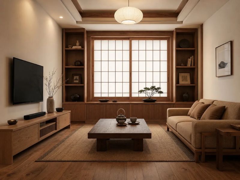 phòng khách Nhật Bản tông nâu gỗ ấm kệ sách gỗ âm tường cửa Shoji bàn trà gỗ thấp sofa vải be đèn lồng trần gỗ