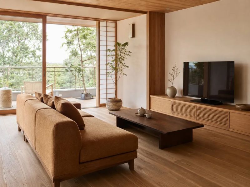 phòng khách Nhật Bản tông nâu gỗ sofa nâu đất bàn trà gỗ tối kệ tivi gỗ sồi vách lam gỗ cây xanh ban công ánh sáng tự nhiên