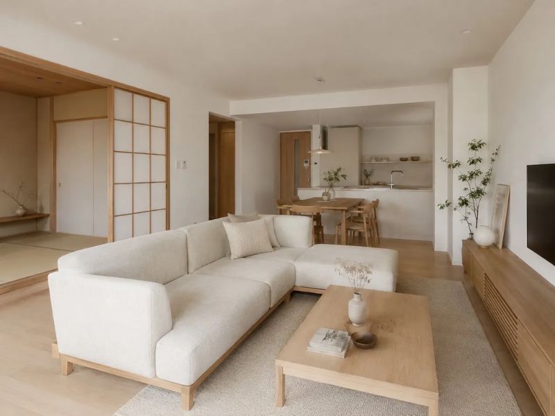 phòng khách Nhật Bản tông trắng ngà không gian mở sofa trắng gỗ sồi bàn trà gỗ sáng cửa trượt Shoji liên thông bếp ăn cây xanh