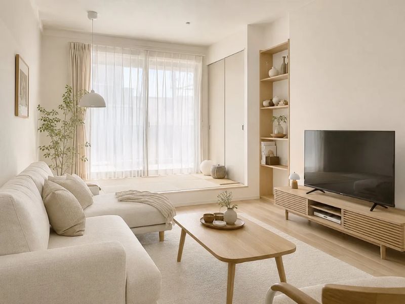 phòng khách Nhật Bản tối giản thuần túy kệ tivi âm tường gỗ sồi bàn trà gỗ thấp sofa be thấp cửa trượt Shoji khoảng sàn trống rộng