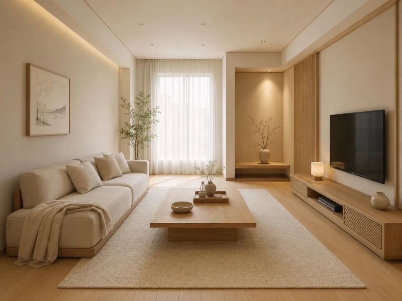 phòng khách Nhật Bản tông trắng ngà tối giản sofa thấp trắng bàn trà gỗ sáng kệ tivi gỗ lam đèn LED ẩn cây xanh rèm trắng