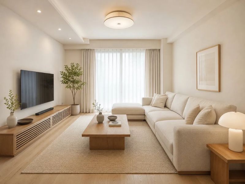 phòng khách Nhật Bản tông trắng ngà tối giản sofa góc trắng bàn trà gỗ sồi thấp kệ tivi gỗ rèm trắng cây xanh đèn trần tròn