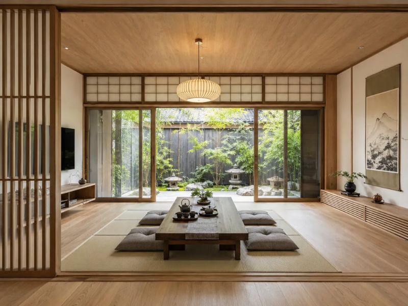 Nội thất phòng khách phong cách Nhật Bản truyền thống với chiếu Tatami trải rộng, cửa Shoji và sân vườn đá phía sau tạo không gian tiếp khách yên tĩnh