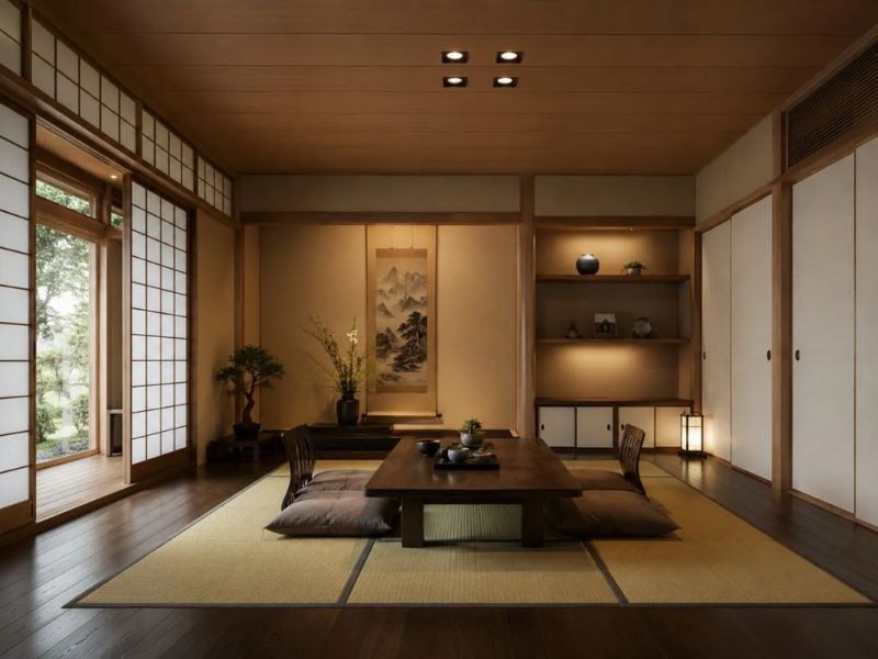 phòng khách Nhật Bản truyền thống chiếu Tatami sàn gỗ tối bàn trà gỗ thấp đệm ngồi cửa trượt Shoji tranh thư pháp kệ gỗ bonsai đèn giấy