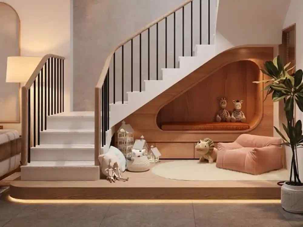 Phòng khách ấm cúng với cầu thang trắng lan can đen, gầm cầu thang thiết kế góc chơi trẻ em với ghế lười và đèn trang trí