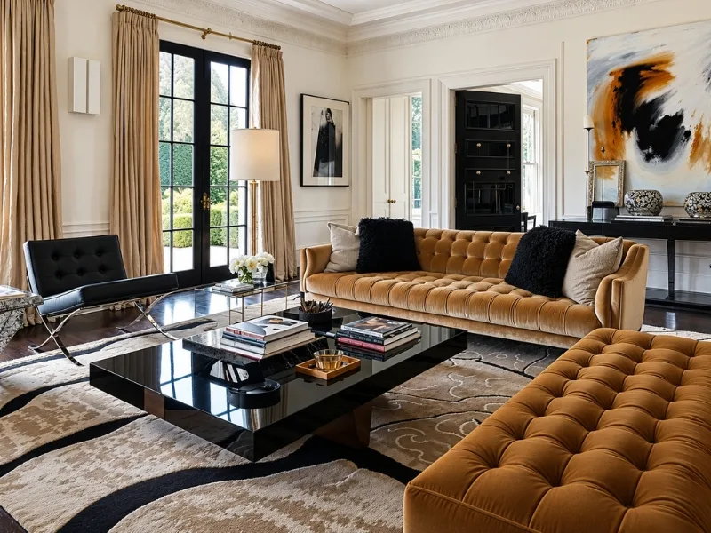 Phòng khách phong cách Art Deco có sofa vàng chần nút và bàn trà đen trên thảm họa tiết hình học.