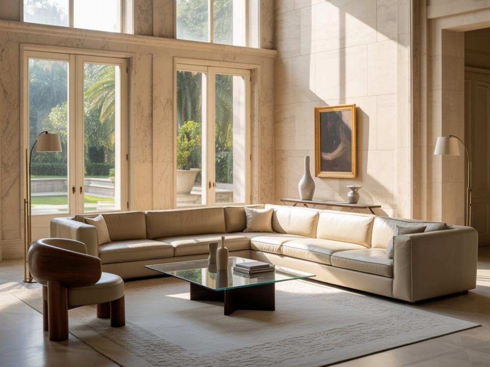 Phòng khách biệt thự sang trọng với sofa da màu be