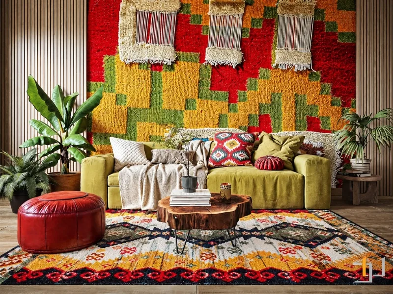 Phòng khách phong cách Bohemian có sofa vàng xanh trước tranh vải nhiều màu trên nền thảm đỏ.
