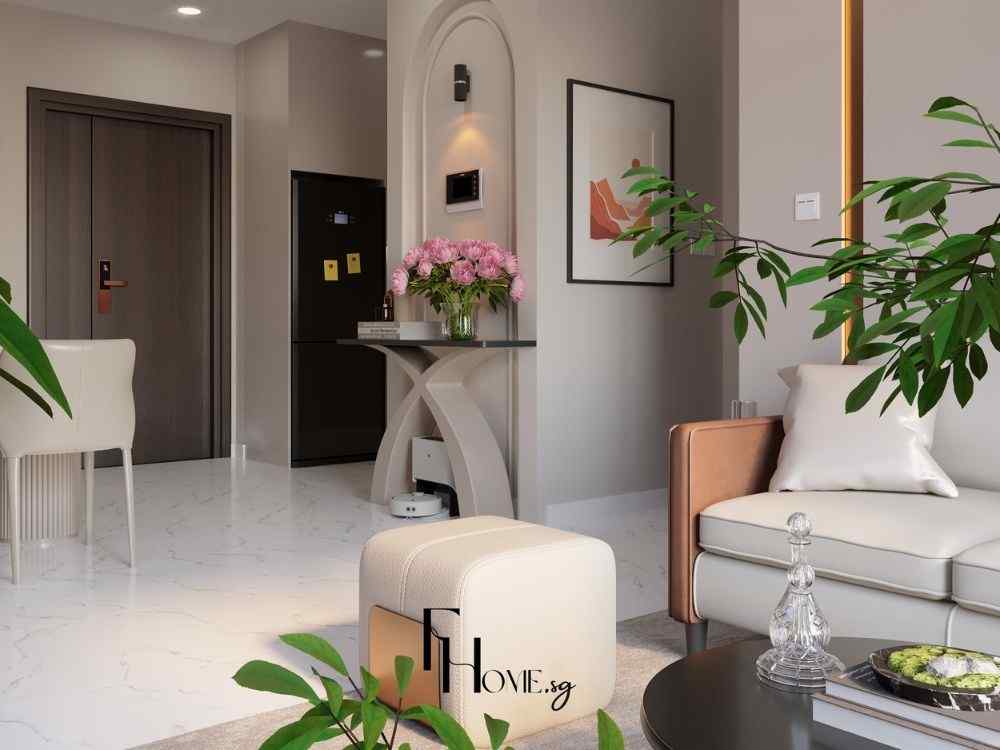 Phòng khách căn hộ hiện đại với sàn marble trắng, bàn console hoa tươi, ghế ottoman sáng màu