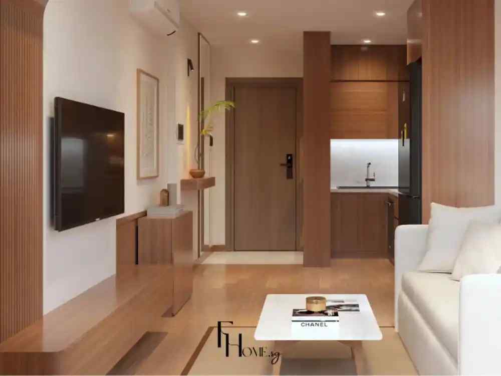Phòng khách căn hộ nhỏ ấm cúng với nội thất gỗ nâu sáng, sofa trắng, tivi treo tường và khu bếp liền kề