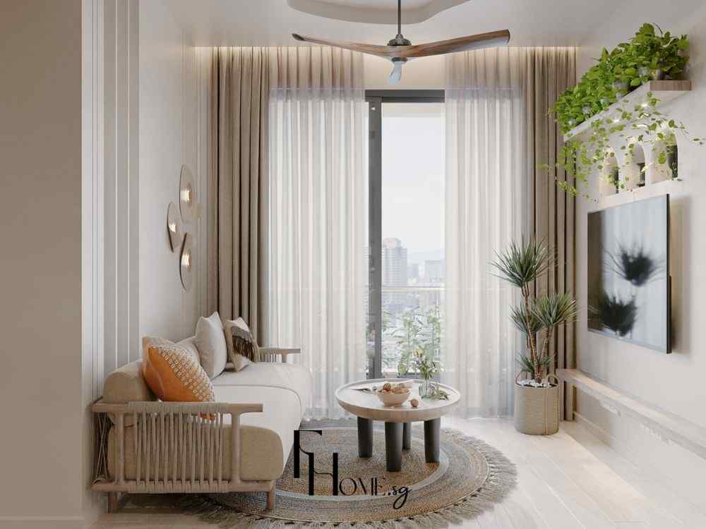 Phòng khách căn hộ sáng thoáng với sofa sáng màu, bàn tròn gỗ và cây xanh trang trí