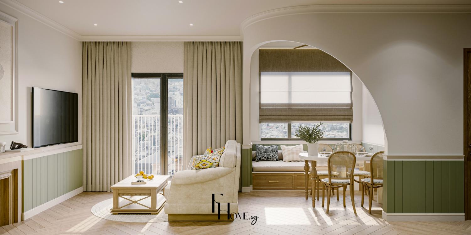 Phòng khách căn hộ Vinhomes Grand Park 70m2 với kệ tivi và khu ăn liền kề