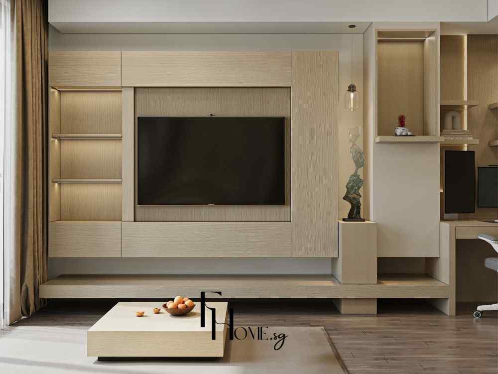 Phòng khách căn hộ với hệ tủ tivi gỗ sáng, kệ âm đèn hắt, bàn thấp vuông và rèm nâu