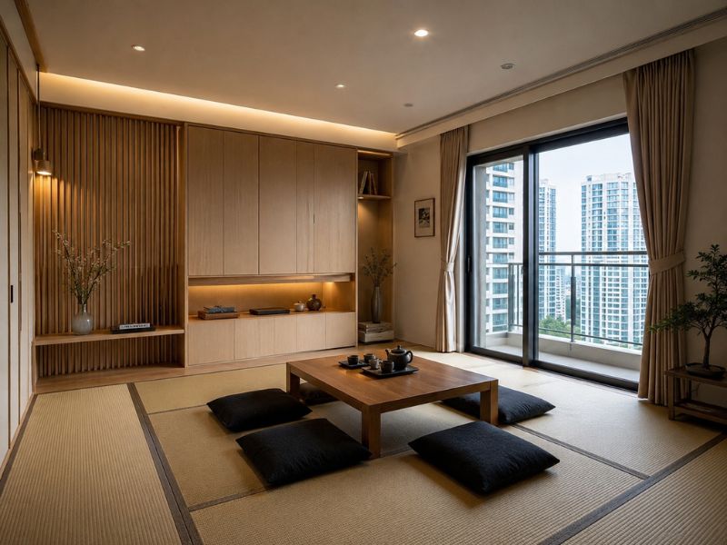 phòng khách chiếu tatami nội thất phong cách Nhật Bản bàn trà thấp gối ngồi