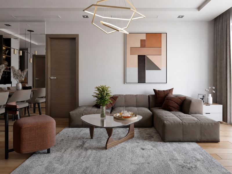 phòng khách chung cư 105m² hiện đại với sofa chữ L và đèn thả hình học
