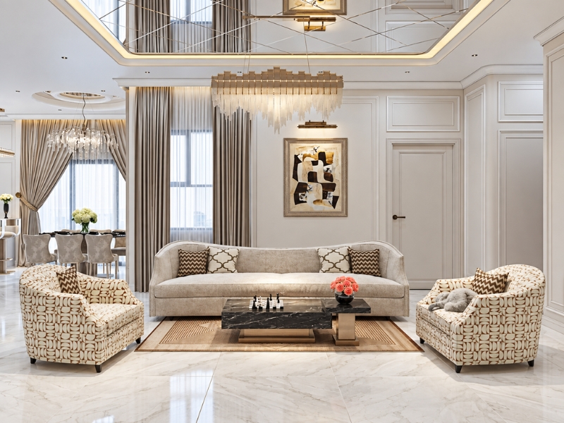 Phòng khách chung cư 3 phòng ngủ phong cách tân cổ điển với sofa be, bàn trà đá đen và đèn chùm pha lê