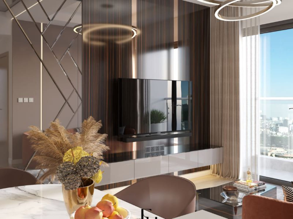 Phòng khách chung cư 50m2 với kệ tivi treo tường hiện đại, tấm ốp vân gỗ bóng tạo điểm nhấn sang trọng