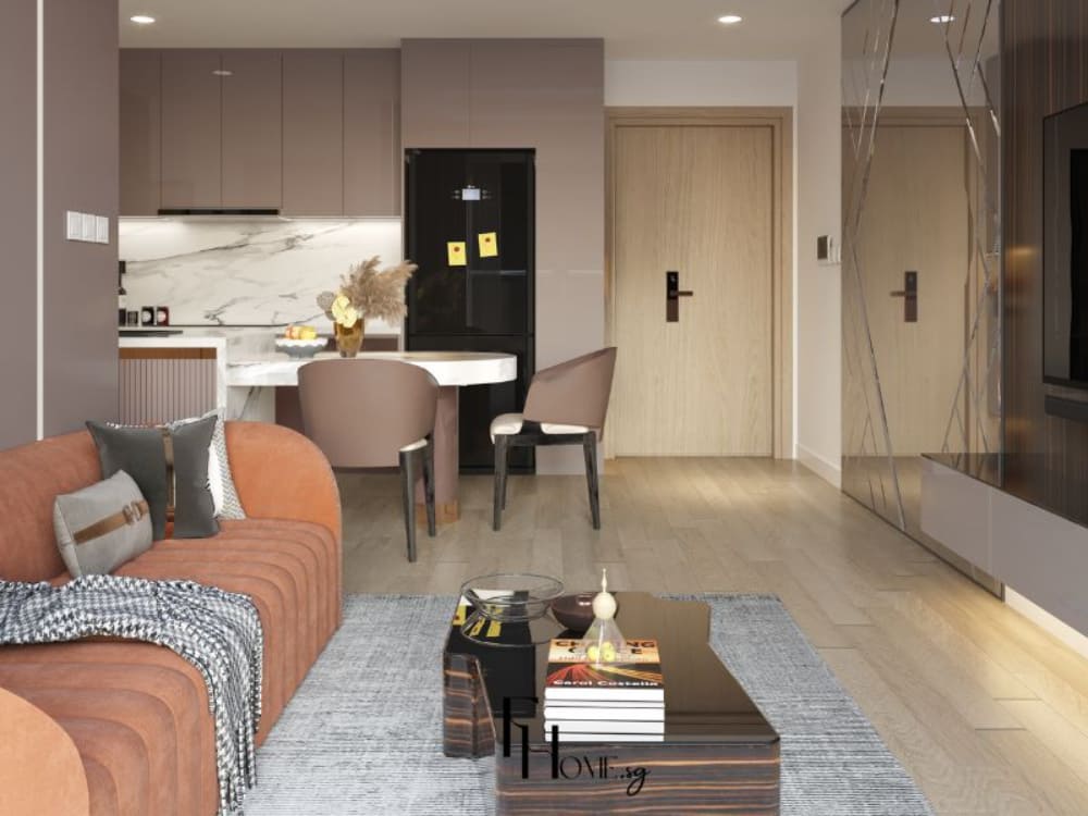 Phòng khách chung cư 50m2 với sofa nâu đất đặt cạnh bàn trà mặt kính, liền kề khu bếp và bàn ăn nhỏ