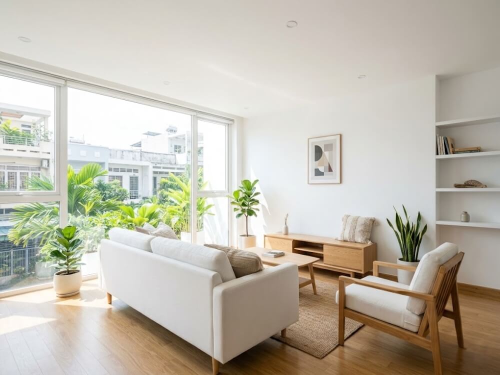 Phòng khách chung cư 55m2 phong cách Scandinavian với sofa trắng, gỗ sồi sáng và cửa sổ lớn