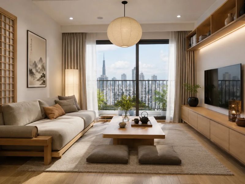 Nội thất phòng khách phong cách Nhật Bản với bộ bàn ghế thấp hướng ra view thành phố, đèn lồng tròn và kệ gỗ mở