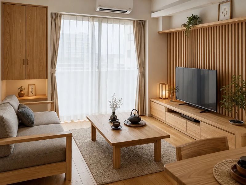 phòng khách chung cư Nhật Bản nội thất gỗ sồi sofa gỗ khung vải xám bàn trà gỗ thấp vách lam gỗ kệ tivi gỗ đèn gỗ giấy cây xanh rèm trắng