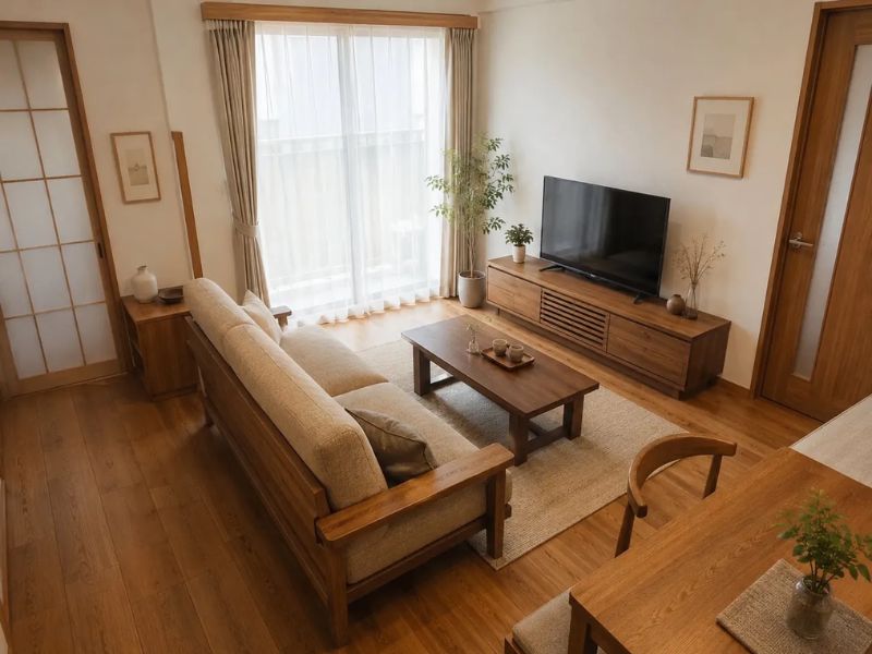 phòng khách chung cư Nhật Bản tông nâu gỗ sofa gỗ vải be bàn trà gỗ óc chó kệ tivi gỗ sồi cửa sổ rèm trắng cây xanh