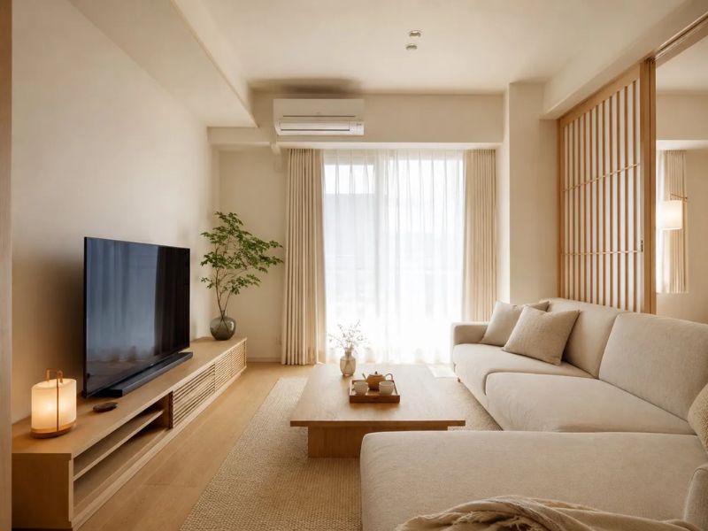 phòng khách chung cư Nhật Bản tông trắng ngà sofa trắng bàn trà gỗ thấp kệ tivi gỗ sồi vách lam gỗ rèm trắng cây xanh ánh sáng tự nhiên