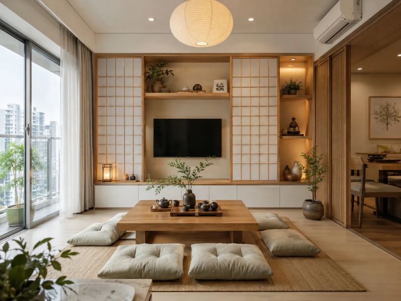 phòng khách chung cư Nhật Bản bộ bàn ghế thấp bàn trà gỗ thấp đệm ngồi xanh nhạt hệ tủ Shoji kệ gỗ mở đèn lồng trần tròn cây xanh ban công view thành phố