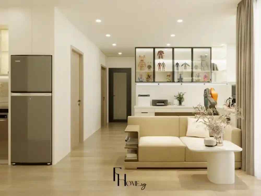 Phòng khách chung cư hiện đại với sofa chữ L màu be, kệ tủ trưng bày mô hình
