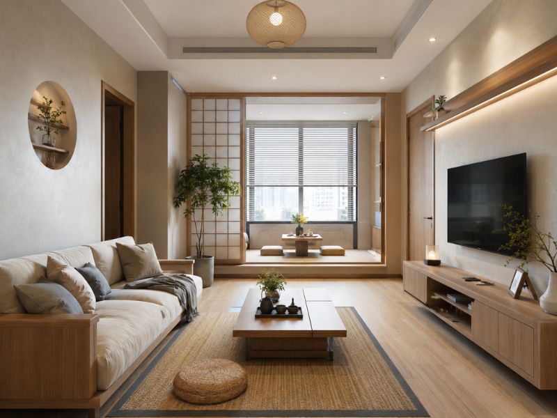 phòng khách chung cư phong cách Nhật Bản sofa thấp bàn trà gỗ cửa trượt Shoji