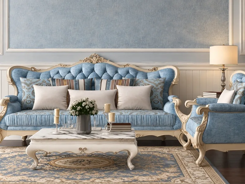 Phòng khách phong cách cổ điển có sofa xanh chần nút đi cùng bàn trà chạm trổ trước tường phào chỉ.