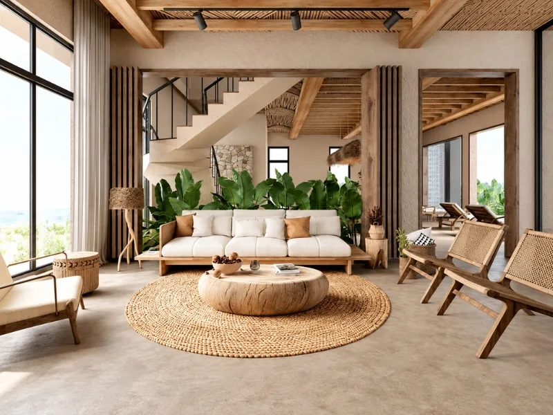 Phòng khách phong cách Địa Trung Hải phối sofa sáng màu với đồ mây tre dưới trần dầm gỗ.