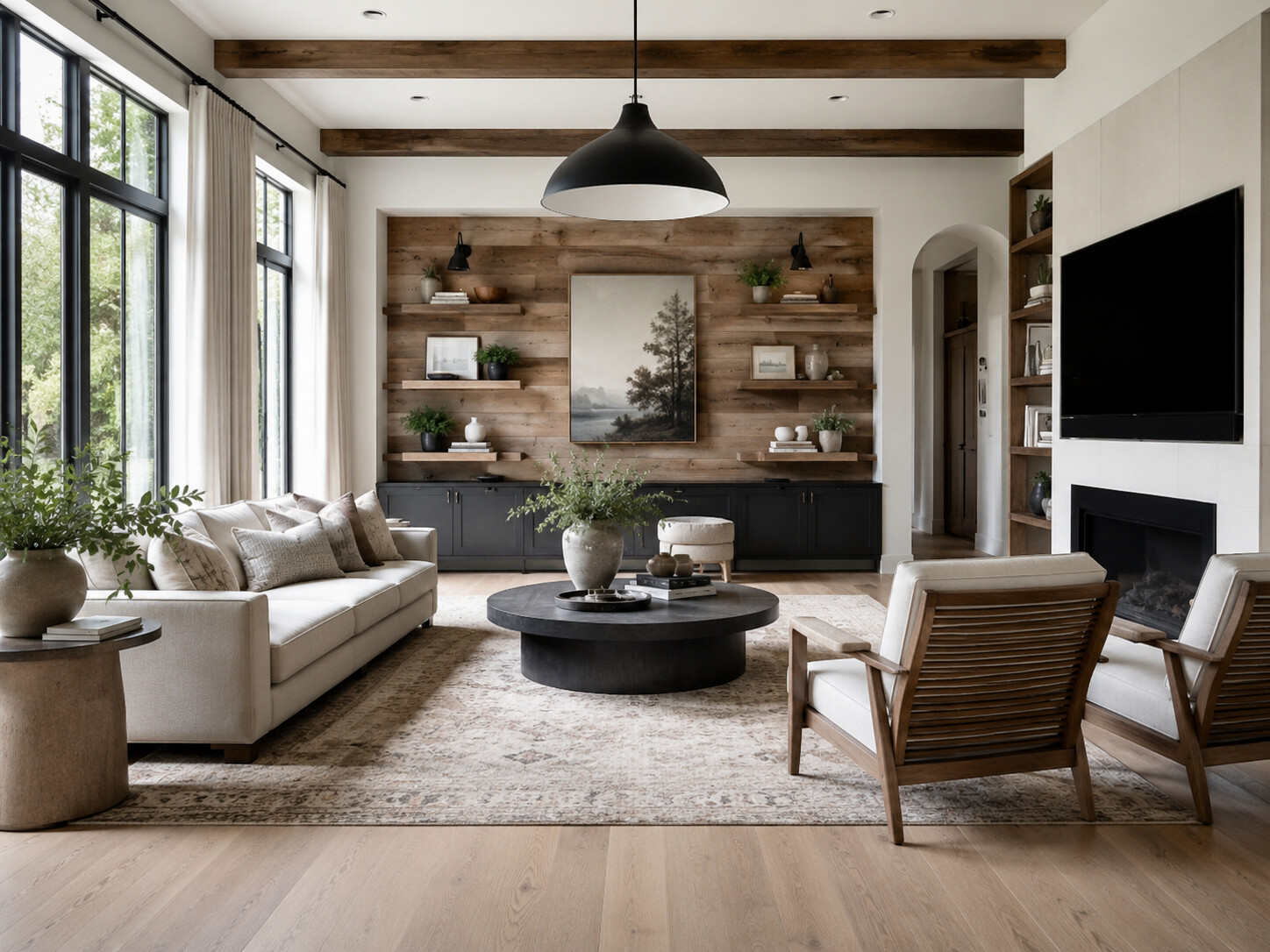 Phòng khách Farmhouse không gian mở liền bếp và bàn ăn